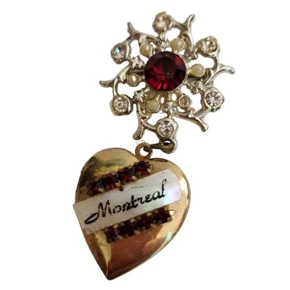 Vintage Montreal‎ Canada Jewelry Brooch Heart Locket Pin Brooch Red Clear Dangle